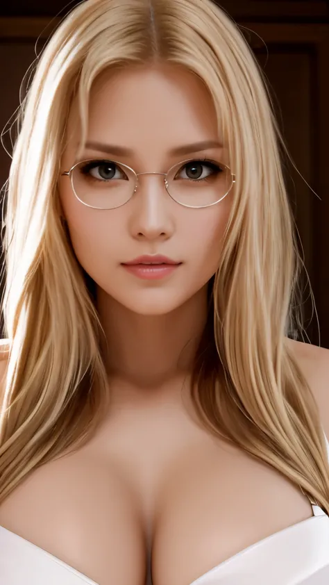 1 female,20th generation,round glasses,blonde hair,semi-long,Moist eyes,looking at the viewer,dynamic angle,cleavage,upper grade...