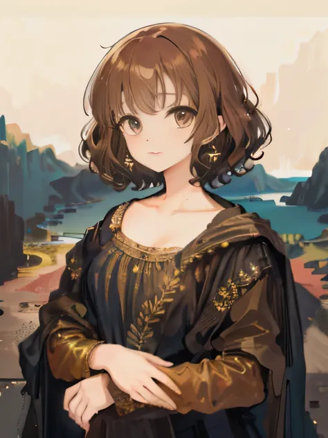 anime girl, short hair, curly hair, light brown hair, brown eyes, long dress, dark brown dress, neutral features, village settin...