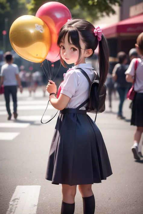balloon seller, full body, real photo, 12 years old girl, twin tails, looking back at me,