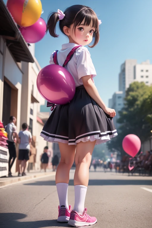 balloon seller, full body, real photo,  girl, twin tails, looking back at me,