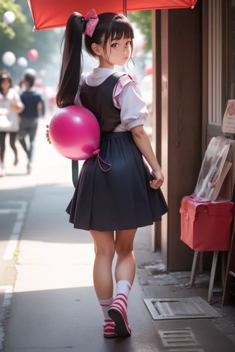 balloon seller, full body, real photo, 14 years old girl, twin tails, looking back at me,