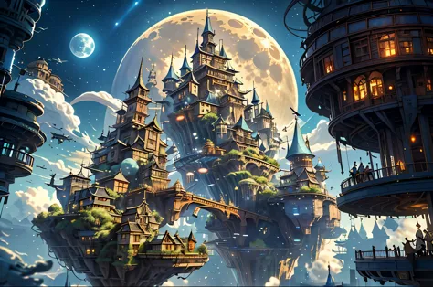 Magical night，sky cities。Views of the steampunk cityscape，The moon in the distance，meteors，flying cloud castle，Steampunk City，sm...