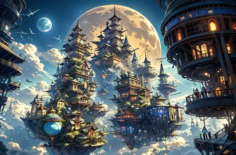 magical night，sky cities。views of the steampunk cityscape，the moon in the distance，meteors，flying cloud castle，steampunk city，fl...