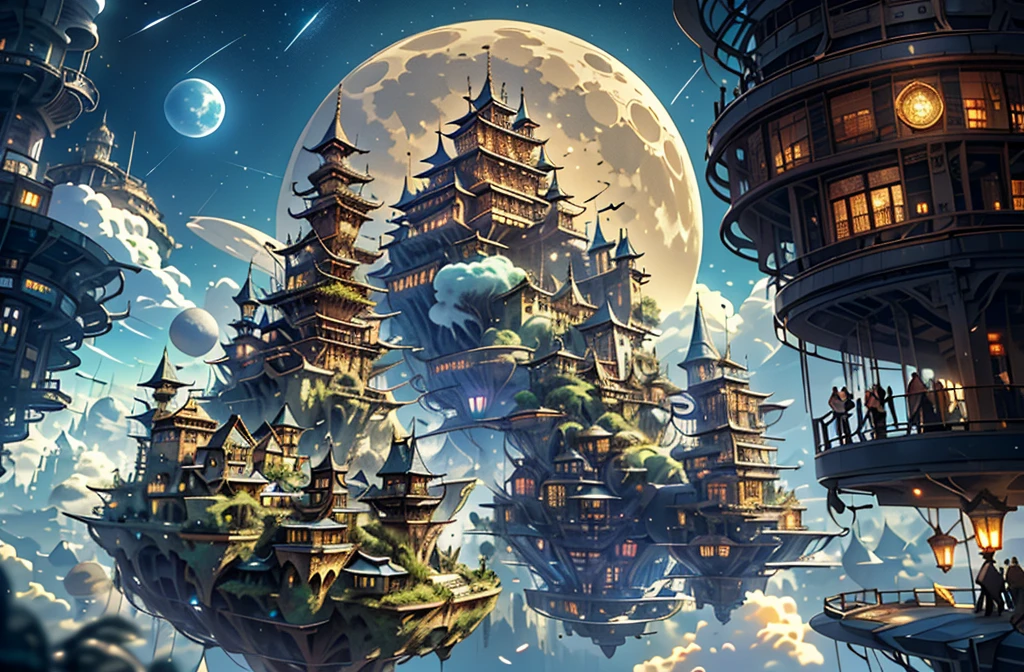 noite mágica，cidades do céu。Vistas da paisagem urbana steampunk，A lua ao longe，meteors，castelo de nuvem voadora，cidade steampunk，vacas voadoras, carros voadores, discos voadores, pequenas naves espaciais，arte conceitual steampunk，castelos de vilas steampunk，A megacidade steampunk vitoriana，cidade steampunk，Inspirado por Ian Mack，castelo real steampunk muito distante，fundo da cidade steampunk，Antiga cidade steampunk，arte conceitual digital detalhada，navios voadores em segundo plano。detalhes ricos，detalhes mais altos，Cor superior，（forte contraste de cores）。