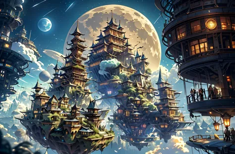 Magical night，sky cities。Views of the steampunk cityscape，The moon in the distance，meteors，flying cloud castle，Steampunk City，fl...