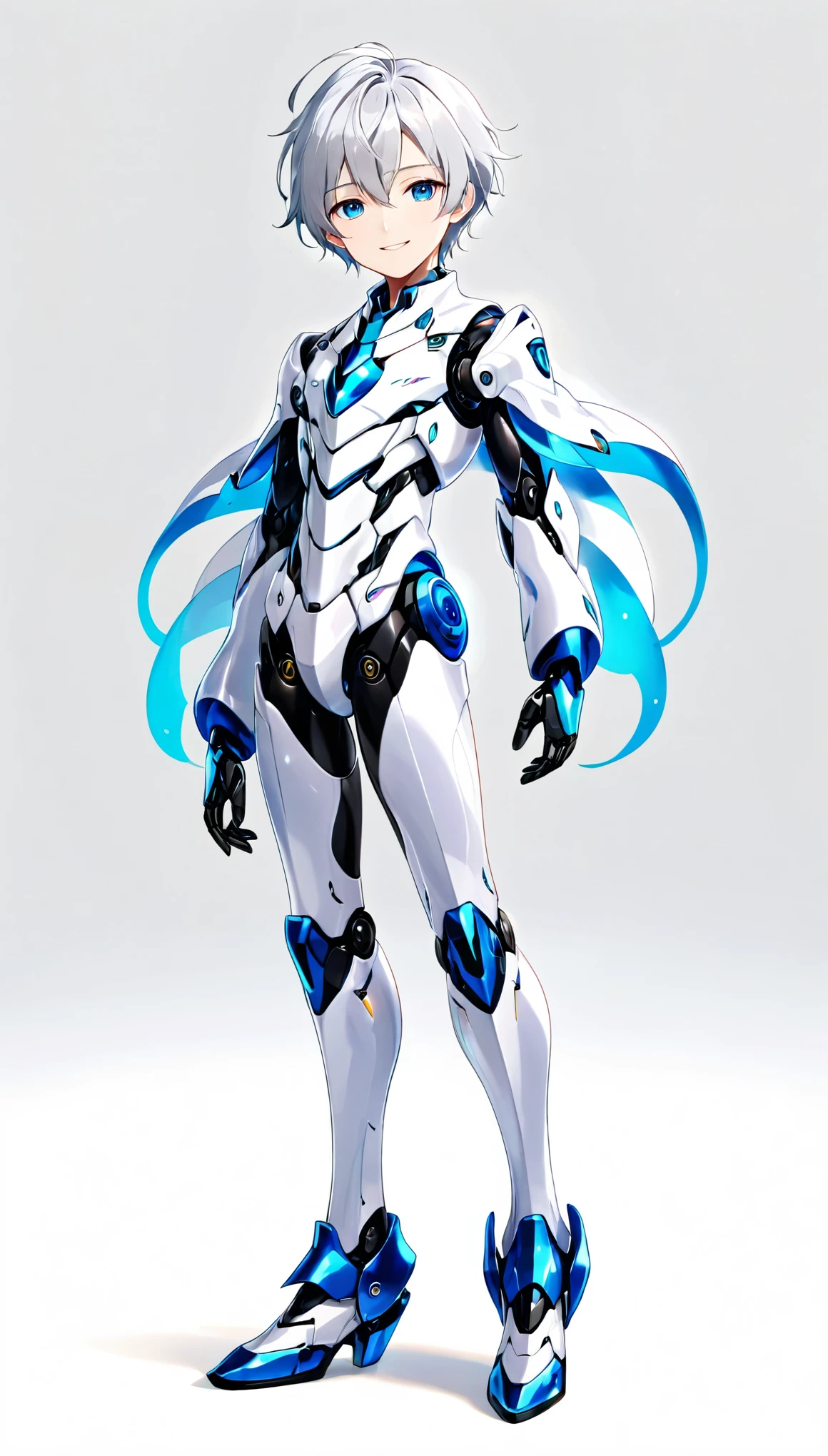 (((masterpiece:1.5))), full body image, anime robot boy, 1boy, ((shota)), shiny, ((white)), smooth, (((sleek))) robot body with accents, heeled feet, silver hair, gentle face, blue eyes, calm, smiling expression, plain white background