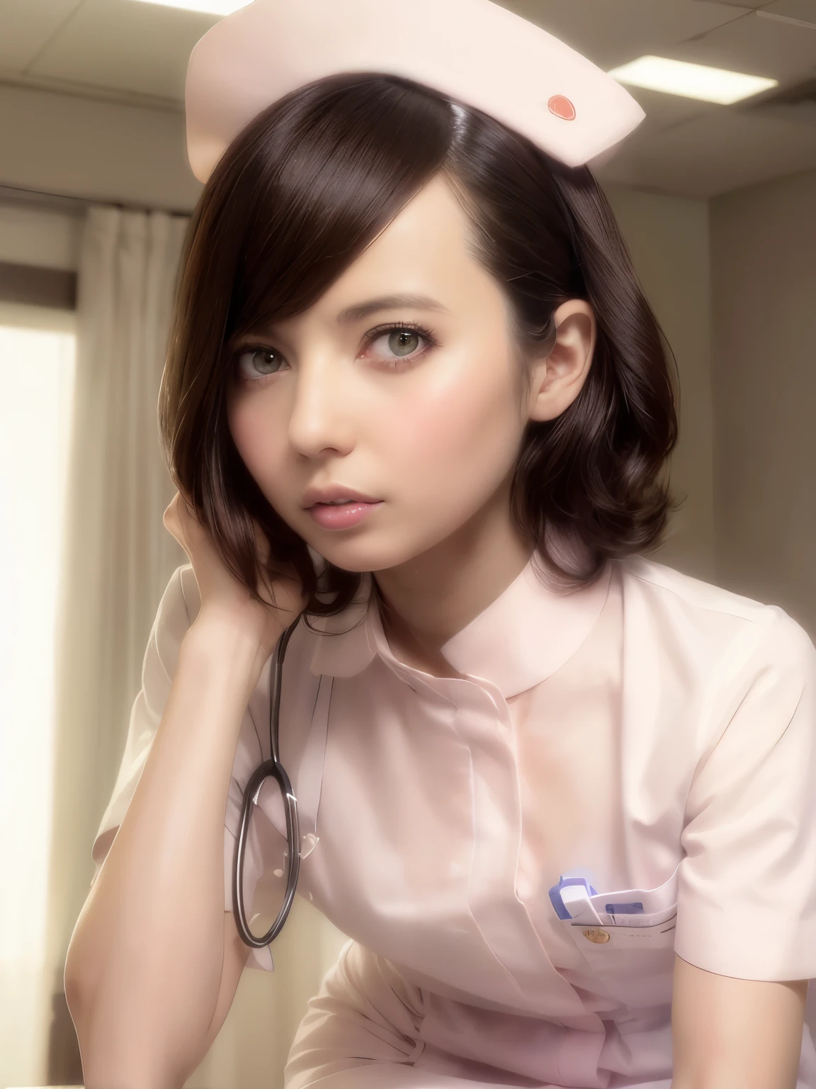 1 girl,(Wearing white nurse clothes:1.2),(Raw photo, highest quality), (realistic, photo-realistic:1.4), masterpiece, very delicate and beautiful, very detailed, 2k wallpaper, wonderful, finely, very detailed CG unity 8k wallpaper, Super detailed, High resolution, soft light, beautiful detailed girl, very detailed eyes and face, beautifully detailed nose, finely beautiful eyes, nurse, perfect anatomy, black hair, up style, nurse uniform, ((nurse cap)), long skirt, nurse, white costume, thin, hospital, clear, white uniform, hospital room, Neck auscultation,close up face,(becky)