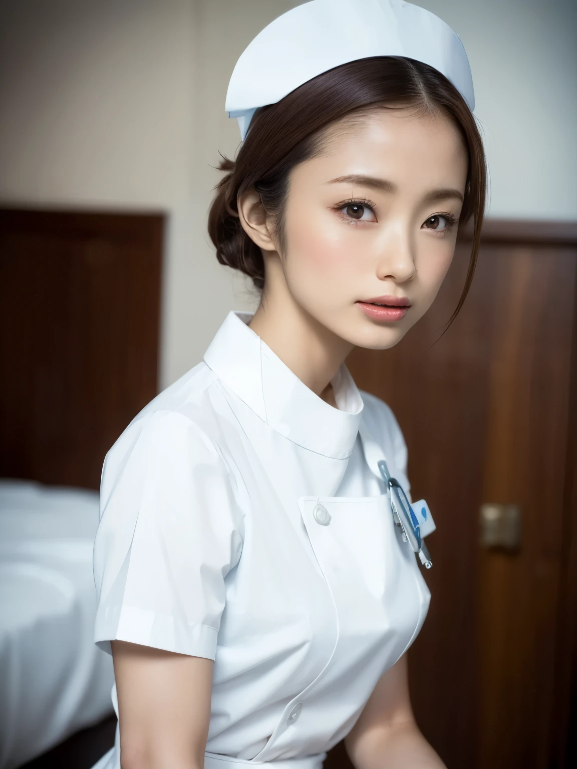 1 girl,(Wearing white nurse clothes:1.2),(Raw photo, highest quality), (realistic, photo-realistic:1.4), masterpiece, very delicate and beautiful, very detailed, 2k wallpaper, wonderful, finely, very detailed CG unity 8k wallpaper, Super detailed, High resolution, soft light, beautiful detailed girl, very detailed eyes and face, beautifully detailed nose, finely beautiful eyes, nurse, perfect anatomy, black hair, up style, nurse uniform, ((nurse cap)), long skirt, nurse, white costume, thin, hospital, clear, white uniform, hospital room, Neck auscultation,close your face,upper body shot