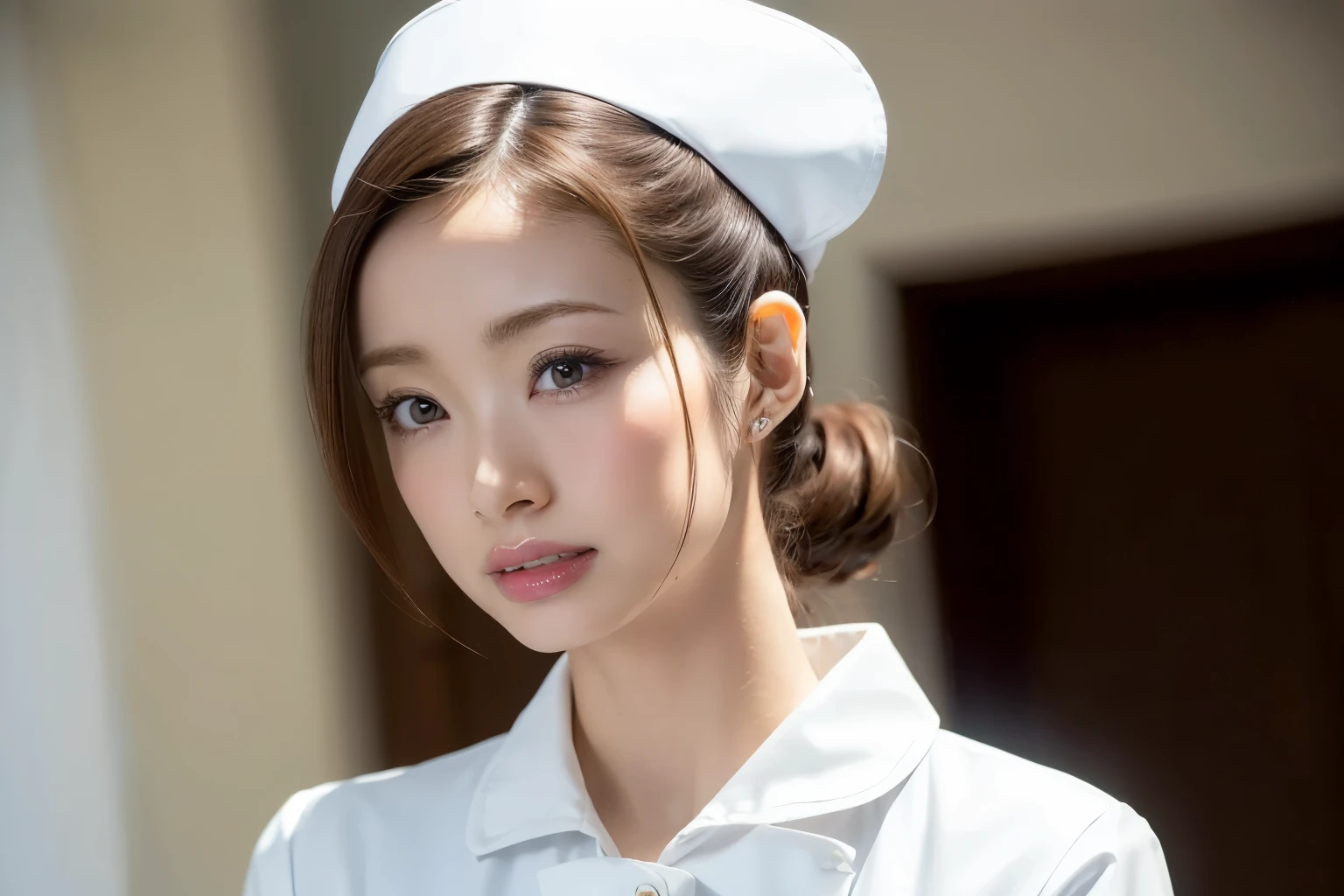 1 girl,(Wearing white nurse clothes:1.2),(Raw photo, highest quality), (realistic, photo-realistic:1.4), masterpiece, very delicate and beautiful, very detailed, 2k wallpaper, wonderful, finely, very detailed CG unity 8k wallpaper, Super detailed, High resolution, soft light, beautiful detailed girl, very detailed eyes and face, beautifully detailed nose, finely beautiful eyes, nurse, perfect anatomy, black hair, up style, nurse uniform, ((nurse cap)), long skirt, nurse, white costume, thin, hospital, clear, white uniform, hospital room, Neck auscultation,close your face,