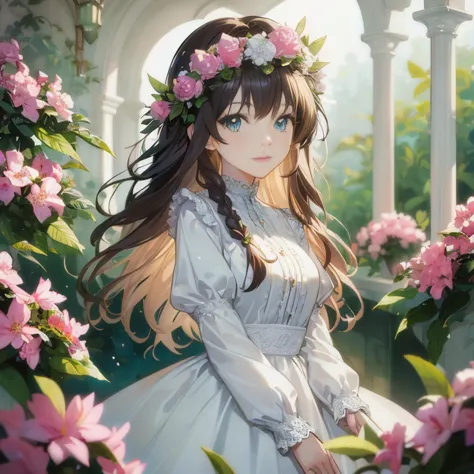 anime girl in a white dress with flowers in her hair, beautiful anime portrait, detailed digital anime art, guweiz on pixiv arts...