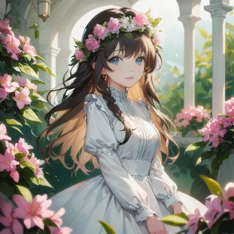 anime girl in a white dress with flowers in her hair, beautiful anime portrait, detailed digital anime art, guweiz on pixiv arts...