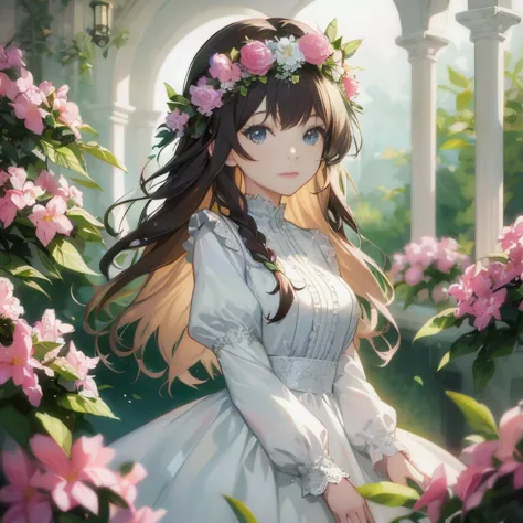 anime girl in a white dress with flowers in her hair, beautiful anime portrait, detailed digital anime art, guweiz on pixiv arts...