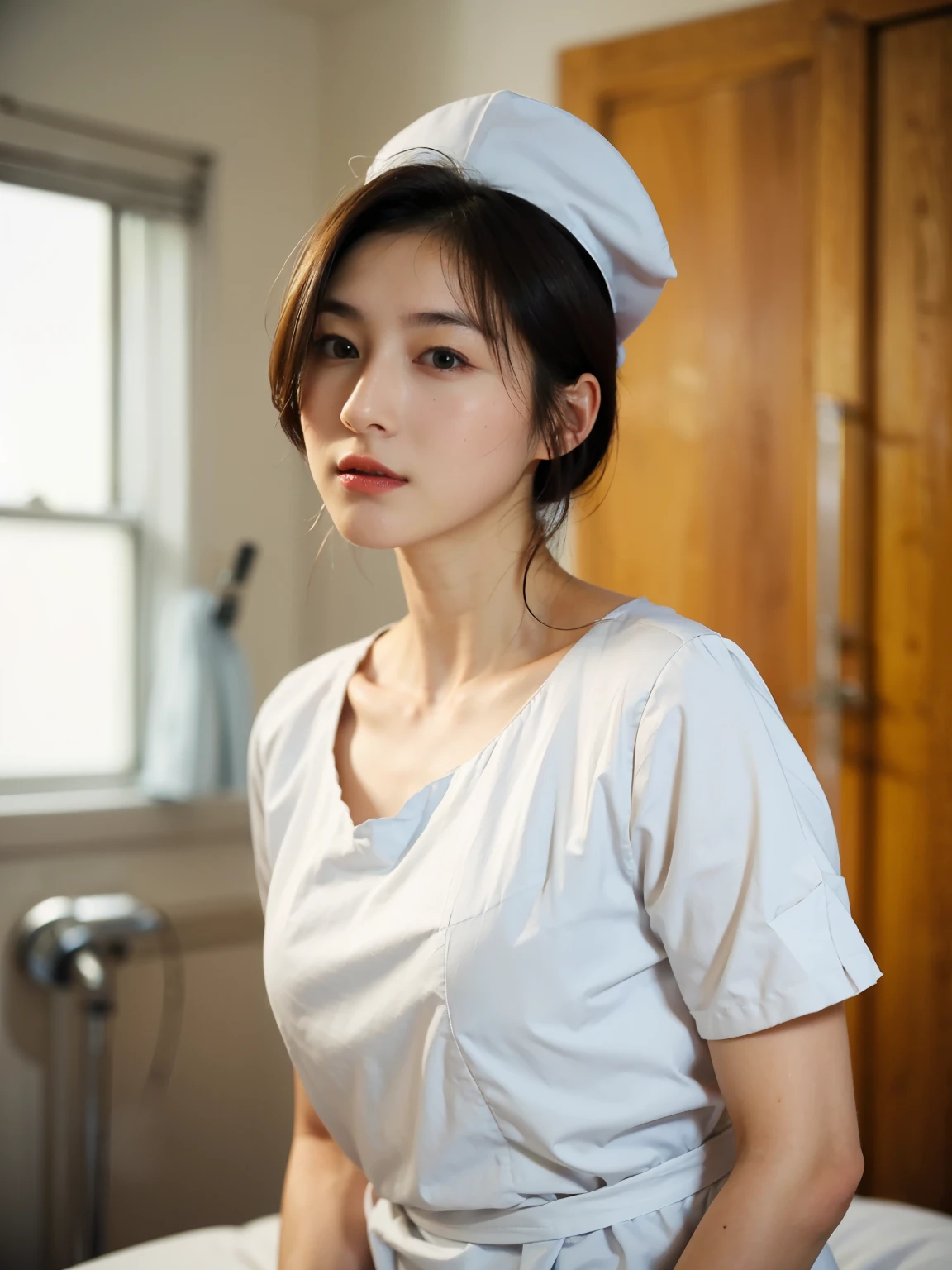 1 girl,(Wearing white nurse clothes:1.2),(Raw photo, highest quality), (realistic, photo-realistic:1.4), masterpiece, very delicate and beautiful, very detailed, 2k wallpaper, wonderful, finely, very detailed CG unity 8k wallpaper, Super detailed, High resolution, soft light, beautiful detailed girl, very detailed eyes and face, beautifully detailed nose, finely beautiful eyes, nurse, perfect anatomy, black hair, up style, nurse uniform, ((nurse cap)), long skirt, nurse, white costume, thin, hospital, clear, white uniform, hospital room, Neck auscultation,