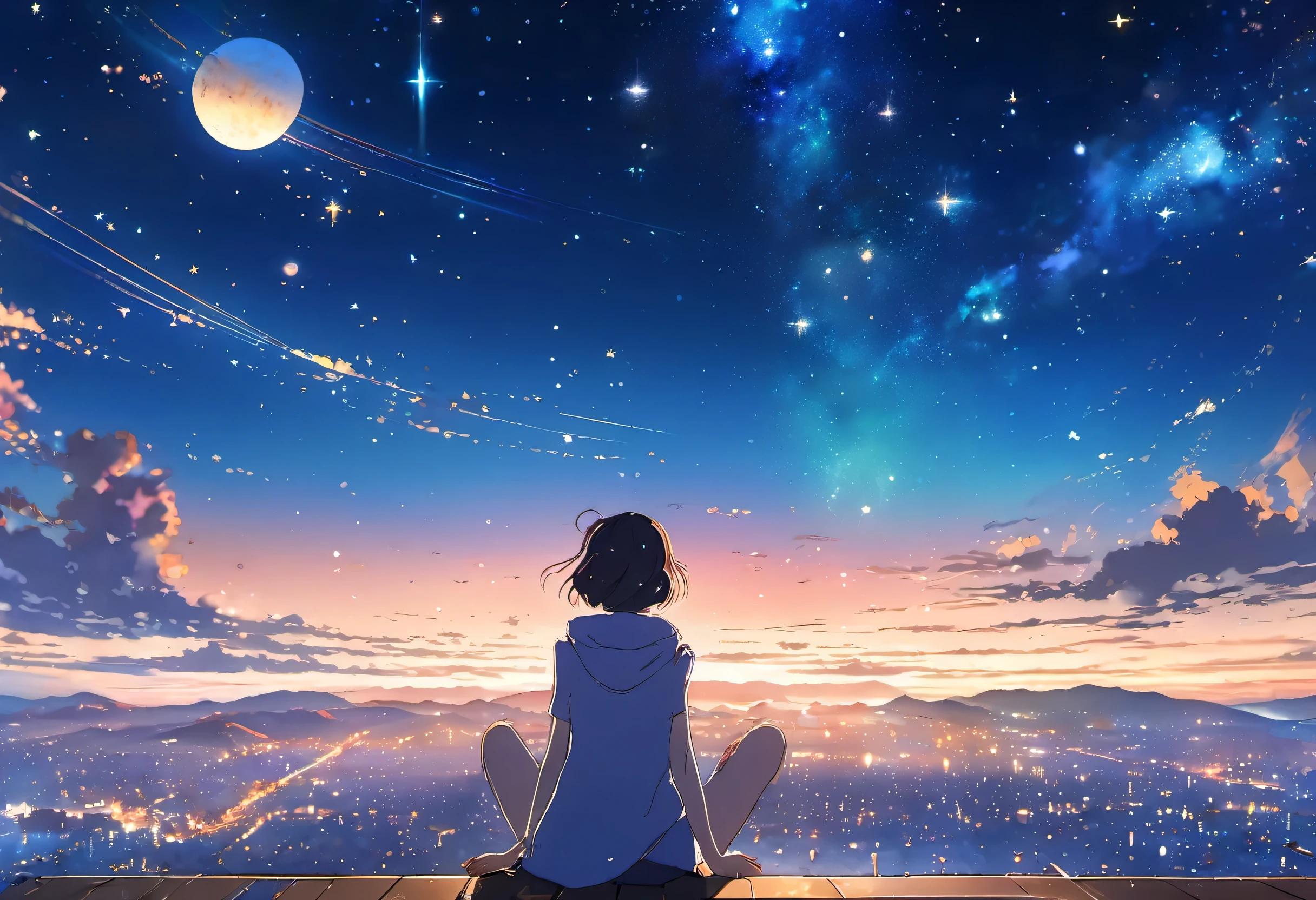 Anime girl looking at the stars in the sky, 4k anime wallpaper, anime art wallpaper 4k, anime art wallpaper 4k, anime wallpaper 4k, anime wallpaper 4k, anime art wallpaper 8k, makoto shinkai cyril rolando, space sky. by makoto shinkai, anime style 4k, anime sky, anime atmosphere