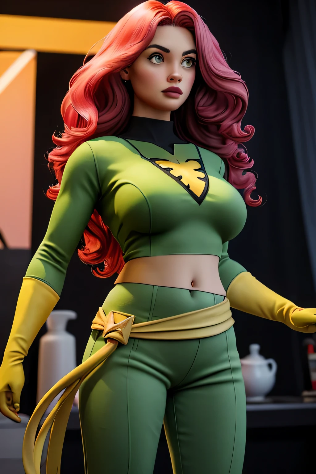 A tender woman with extra large breasts, longer wavy hair, bright red, her brown eyes, rectangle pupils, large pink lips, a light green military suit, a yellow line brushes, a navel, and her light green pants, wearing a yellow belt.