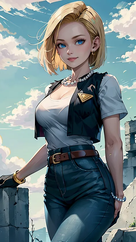 best quality, high-res, and18, 1girl, android 18, solo, blonde hair, blue eyes, belt, green jeans, pearl necklace, bracelets, bl...