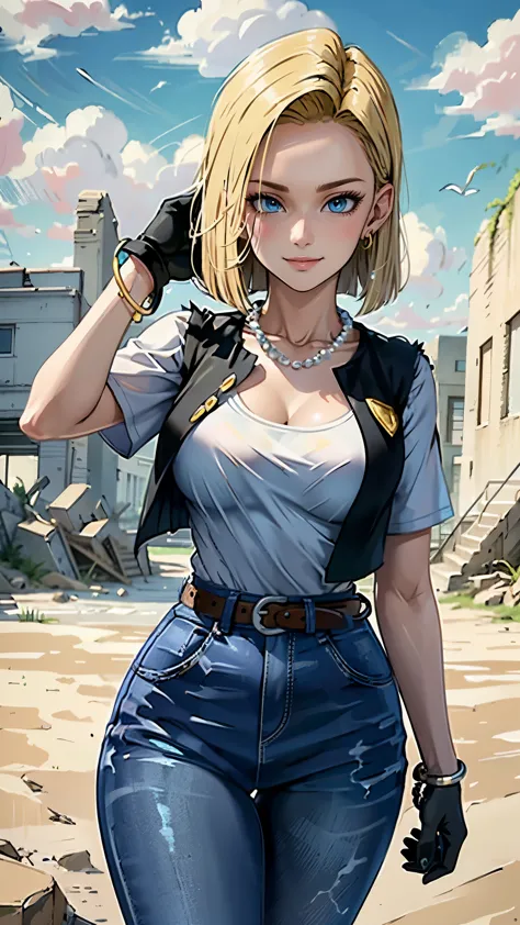 best quality, high-res, and18, 1girl, android 18, solo, blonde hair, blue eyes, belt, green jeans, pearl necklace, bracelets, bl...