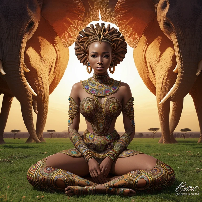 a woman in a dress sitting on a field with elephants in the background, stunning african princess, african queen, wearing a dress made of beads, african woman, african princess, african arts, intricate african jewellery, beautiful digital artwork, afrofuturism style, african fractals, black african princess, afrocentric mysticism, beautiful futuristic himba woman, beautiful artwork