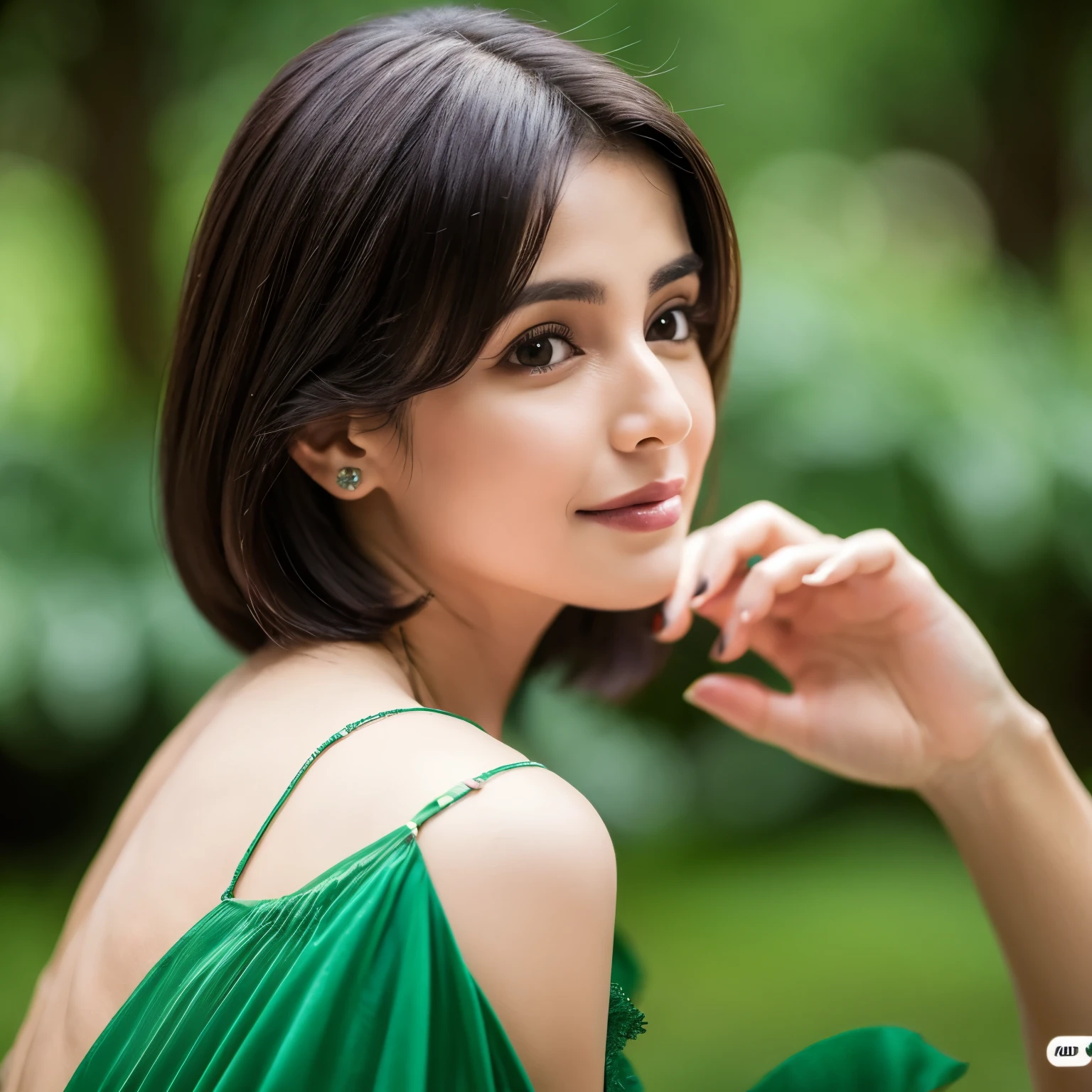 A close up of a woman in a green dress posing for a picture - SeaArt AI