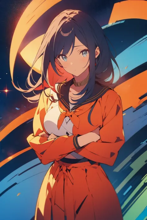 garota, Cabelo castanho, olhos laranja, crossed arms, no meio do cosmos, ((Estilo Anime)), camisa branca, cores suaves, fundo co...