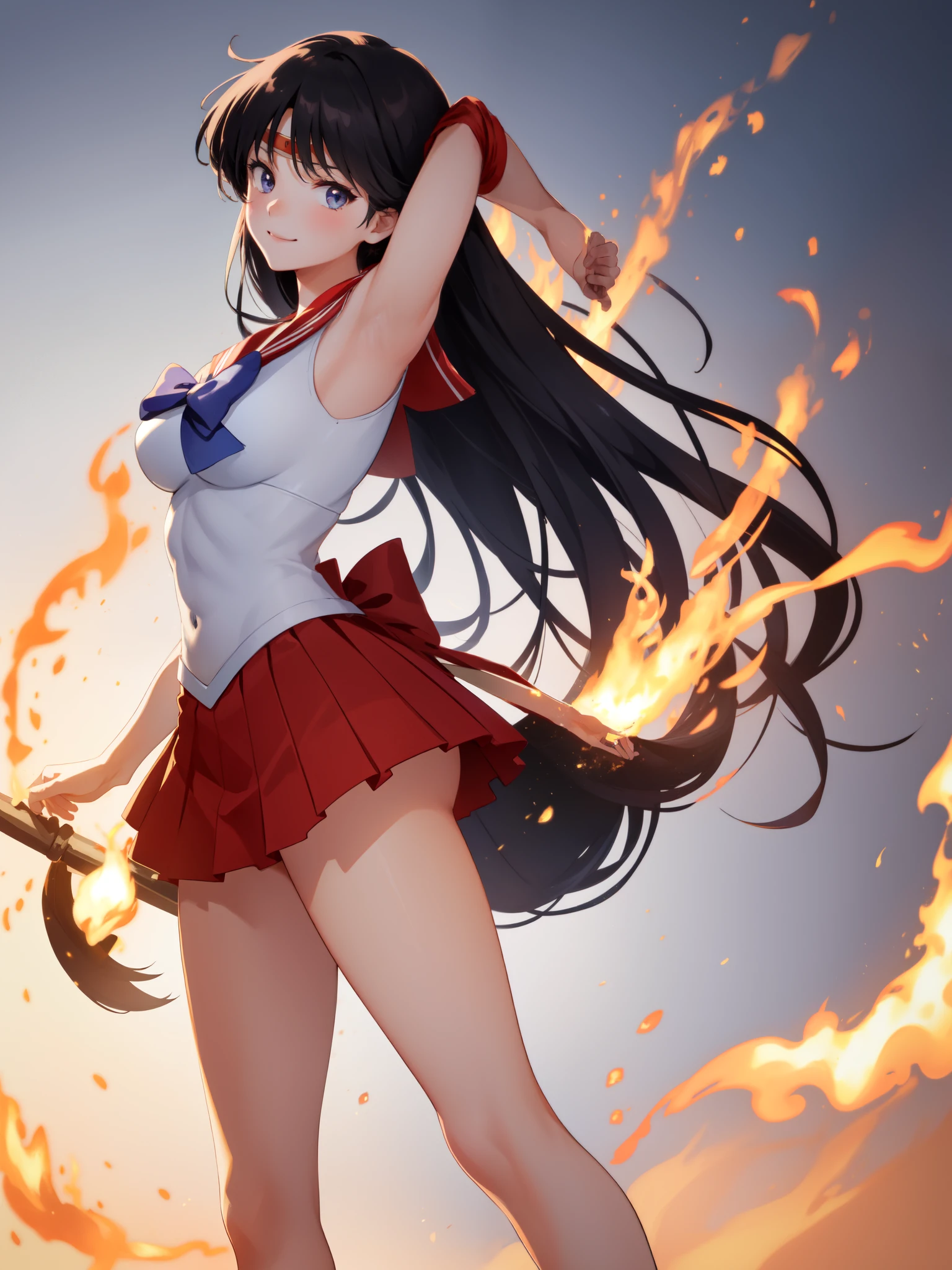 Show your armpits,masterpiece, highest quality, disorganized, perfect anatomy, 1 girl, alone, mars, very long hair, parted bangs, sailor warrior uniform, red sailor collar, red skirt, elbow bag, Are standing, cowboy shot, smile, Cartoon flame on background, stylized background