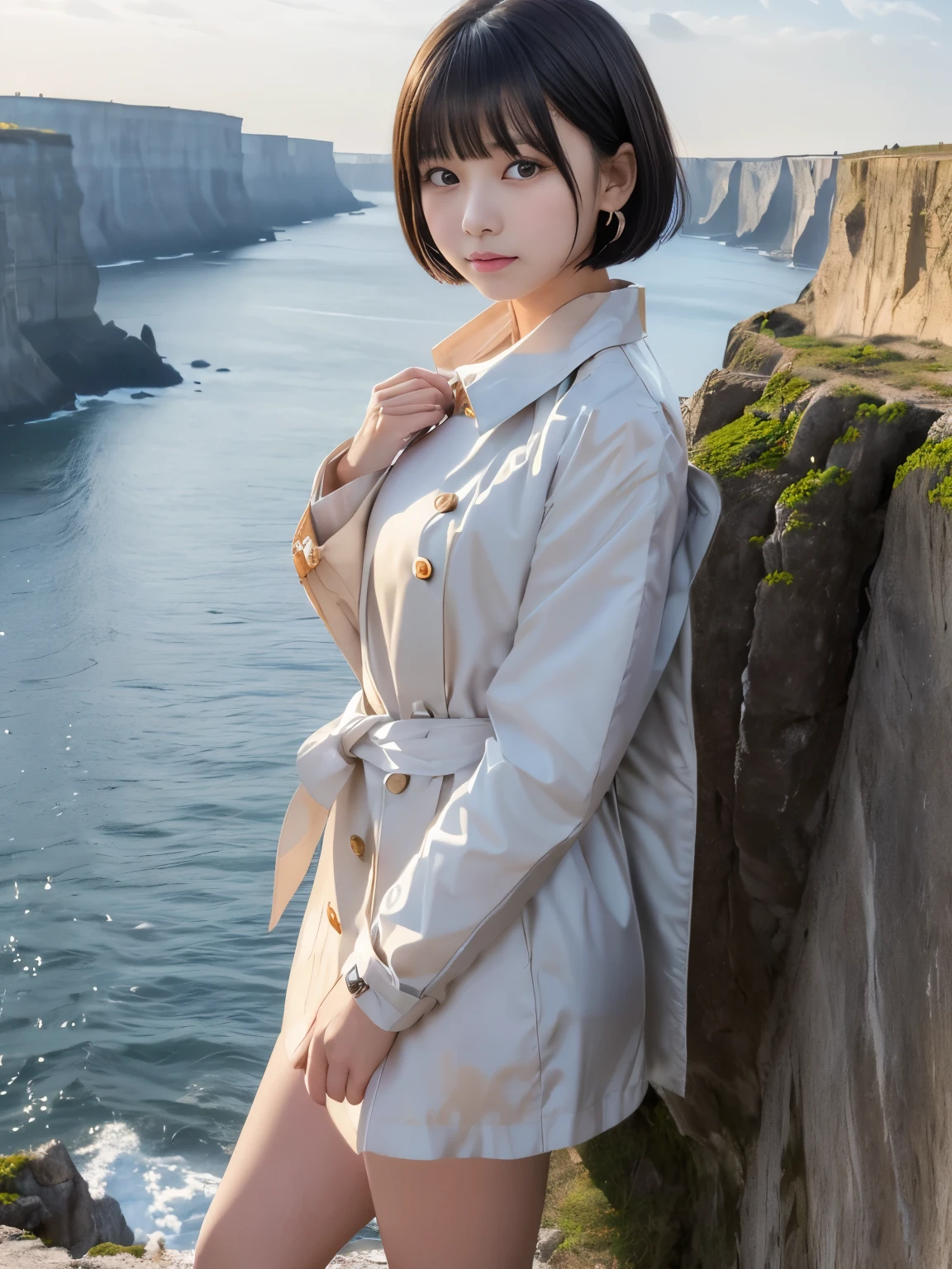 (Masterpiece, Best-quality, RAW-photo, Super-high-quality, Highest-quality, Photorealistic, 8K photo, NSFW), 
(anatomically correct, accurate human body, realistic person)
(Thin waist and busty style body, 16-years-old, Realistic Japanese girl, short height, Kawaii Japanese, angelic beauty), 
(Trench coat, turn up the collar, close all buttons), 
(full length, whole body, standing, See photographer, look at viewer, Hug your body with both hands, Very cold, It's freezing), 
(maiko, angelic beauty, Round face, Black hair, Black eyes, Moist eyes, Shining eyes, Short bob cut, Bangs, Down-slating eyebrows, one little earring), 
(cold look, look of despair), 
(sheer cliff, Cliff in midwinter, strong wind is blowing)
bright lighting