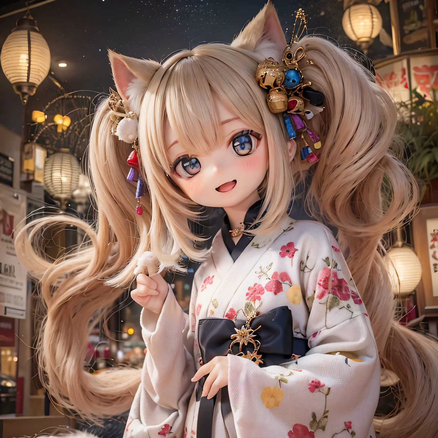 "(melhor qualidade,Ultra-detalhado),garota erminho chibi,adorável,yukata,brincalhão,sorridente,Olhos expressivos,cores pastéis suaves,com acessórios bonitos,Fogos de artifício cintilantes,lanternas flutuantes,atmosfera tradicional japonesa"