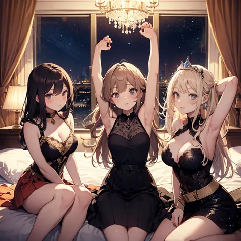 A group of young princesses, (in bedroom), various hair styles, harem, wearing royal dress, night, details face, , short skirt, ...