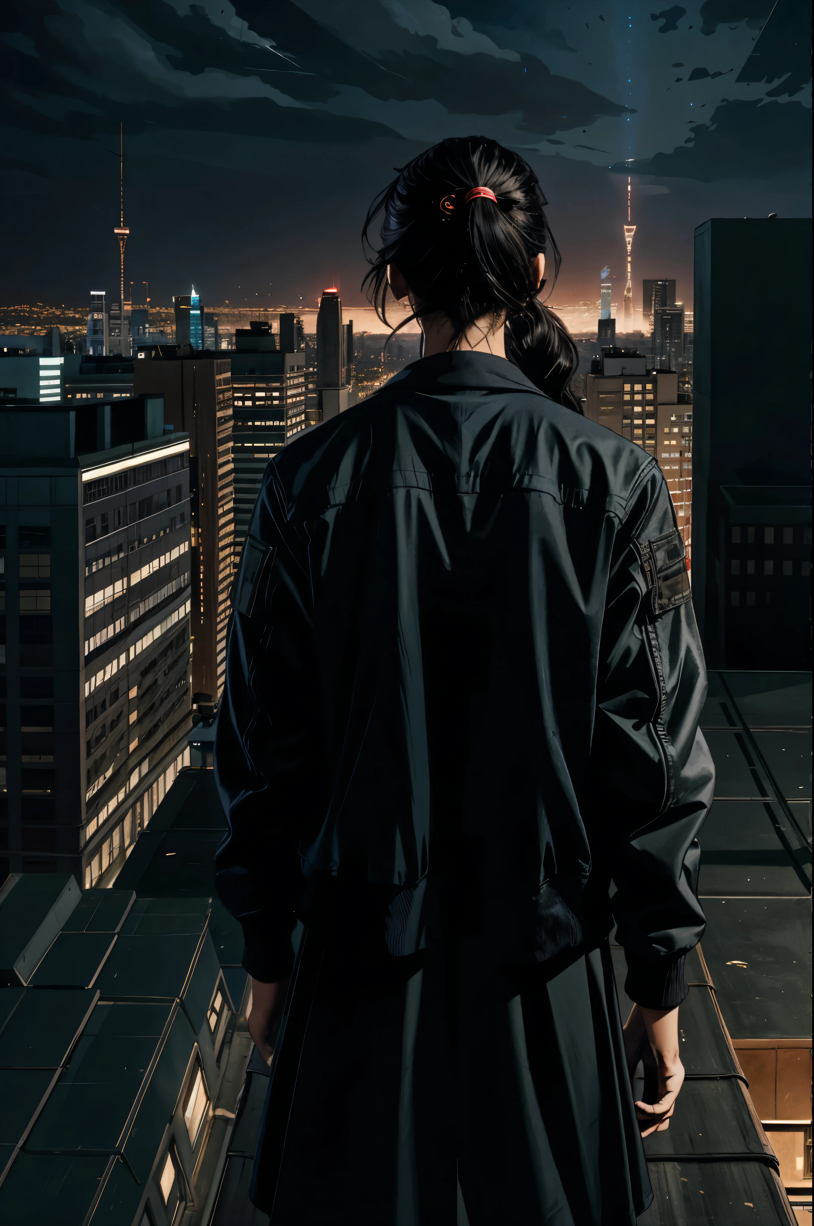 beautiful, masterpiece, best quality, perfect lighting, concept art, city skyline background, 1girl, teenage, magical demon hunter in plain clothes, jacket, shoulder length hair, black hair, ponytail, (facing away:1.5), on top of a roof, cinematic, ultra long shot, mysterious and foreboding