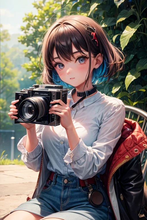 A girl holding a sticker, a vintage film camera, capturing the beautiful world, high-resolution, detailed, vibrant colors, retro style, soft lighting