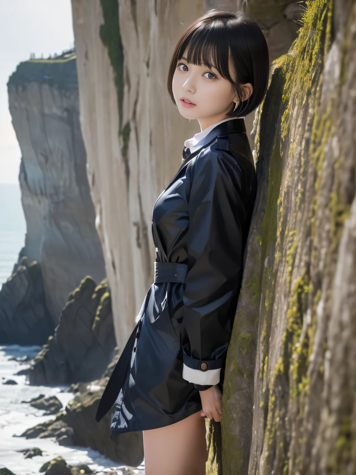 (Masterpiece, Best-quality, RAW-photo, Super-high-quality, Highest-quality, Photorealistic, 8K photo, NSFW), 
(anatomically correct, accurate human body, realistic person)
(Thin waist and busty style body, 16-years-old, Realistic Japanese girl, short height, Kawaii Japanese, angelic beauty), 
(knee length trench coat, turn up the collar, close all buttons), 
(full length, whole body, standing, See photographer, look at viewer, turn the body forward, Very cold, It's freezing), 
(maiko, angelic beauty, Round face, Black hair, Black eyes, Moist eyes, Shining eyes, Short bob cut, Bangs, Down-slating eyebrows, one little earring), 
(angry look, open your mouth wide, shout at the camera), 
(sheer cliff, Cliff in midwinter, strong wind is blowing)
bright lighting