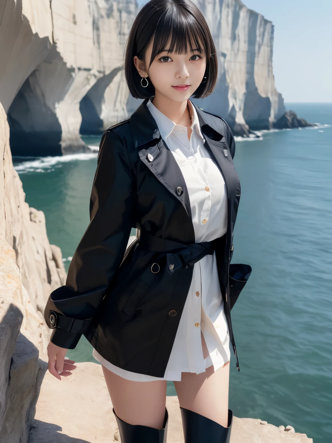 (Masterpiece, Best-quality, RAW-photo, Super-high-quality, Highest-quality, Photorealistic, 8K photo, NSFW), 
(anatomically correct, accurate human body, realistic person)
(Thin waist and busty style body, 16-years-old, Realistic Japanese girl, short height, Kawaii Japanese, angelic beauty), 
(knee length trench coat, long black boots, turn up the collar, close all buttons), 
(full length, whole body, standing, See photographer, look at viewer, turn the body forward, put your hand on your chest), 
(maiko, angelic beauty, Round face, Black hair, Black eyes, Moist eyes, Shining eyes, Short bob cut, Bangs, Down-slating eyebrows, one little earring), 
(close eyes, open your mouth wide, shout at the camera), 
(sheer cliff, Cliff in midwinter, strong wind is blowing)
bright lighting