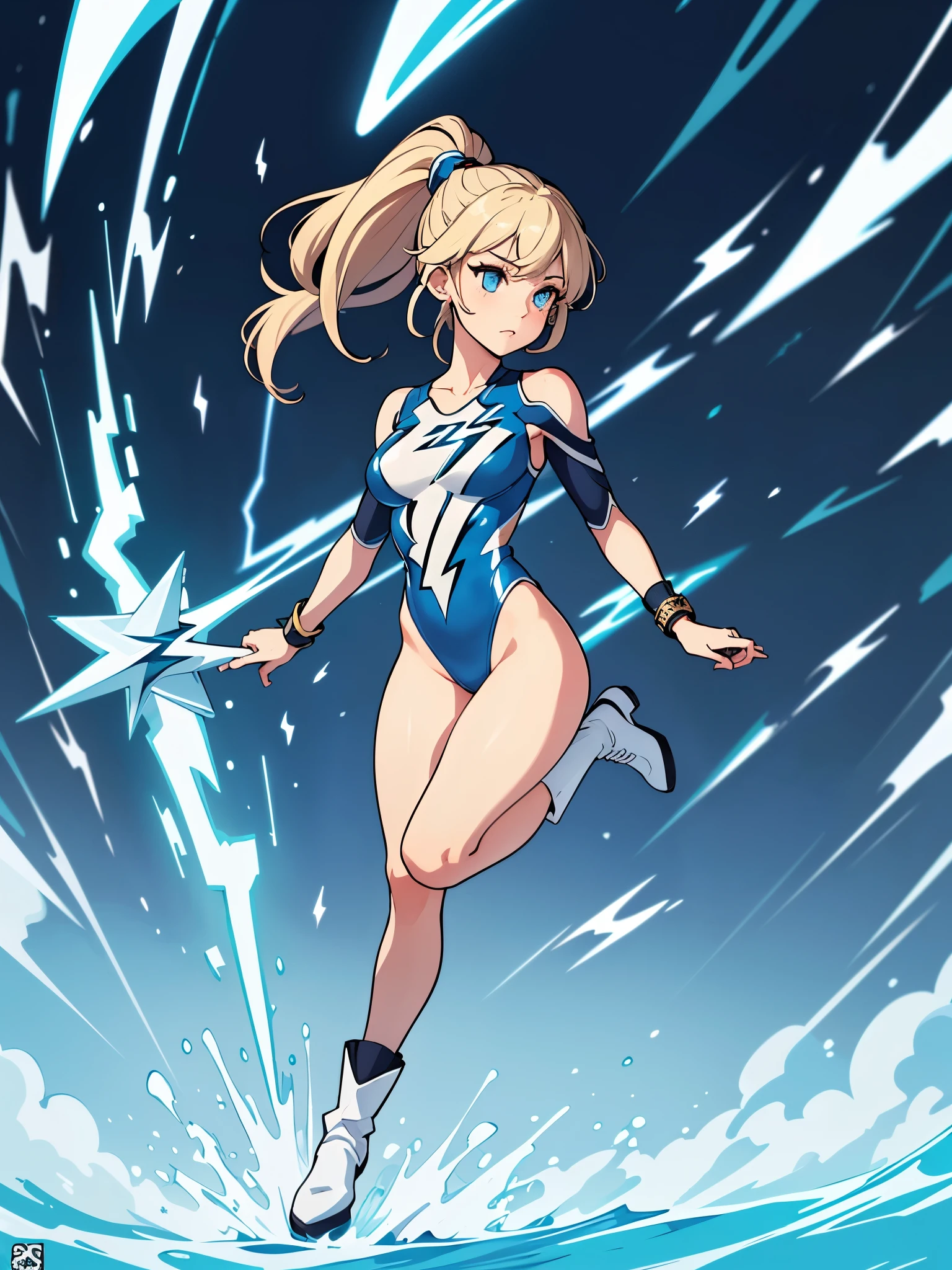 1girl, tall body, light blonde hair, aquamarine eyes, boots, breasts, bracelets, full body, hair ornament, ((shoulder-length hair, ponytail, bangs)), full body with costume, ((leotard, perfect leotard, gymnast_outfit leotard, white leotard with blue accents, bare legs)), hi-tech shoulder pads, (white boots), medium breasts, perfect hands, complete fingers, perfect anatomy, perfect proportions, solo, solo focus, superhero, ((blue lightning logo on chest)), beautiful detailed eyes, beautiful detailed face, age 18, asuka suit, full body portrait, She spins at an incredible speed, creating a whirlwind of air around her