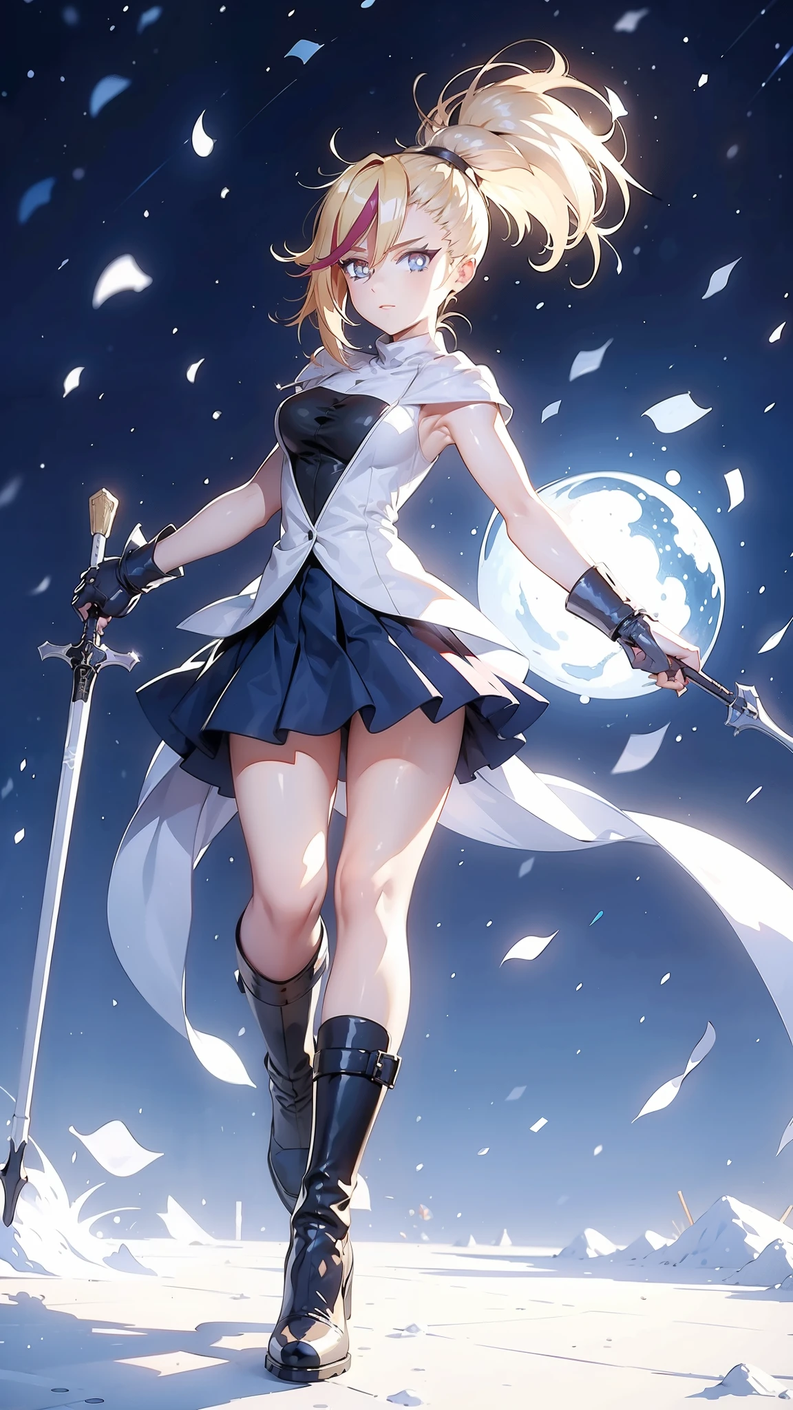 1 girl, ultra long hair, ultra detailed face, glowing lips, glowing blue eyes, very long ponytail, elegant walk, catwalk, holding down a  giant katana, blonde, long eyelashes, long boots , looking to the sky, starry sky, a ultra giant katana 