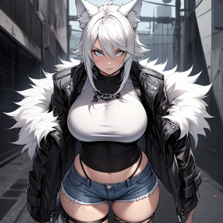 Single boy, Anime tomboy, Short, Long white hair, wolf ears, wolf tail, blue eyes, wearing short denim shorts, thigh high fishnets, black combat boots, wearing fur lined open jacket, flat chest, super flat chest, wearing cropped t-shirt, solo tomboy, only one female ((big breasts)) solo, alone, (SOLO)(ALONE) thicc thighs, wide hips, blue eyes, perfect eyes, perfect face, pouty lips, happy