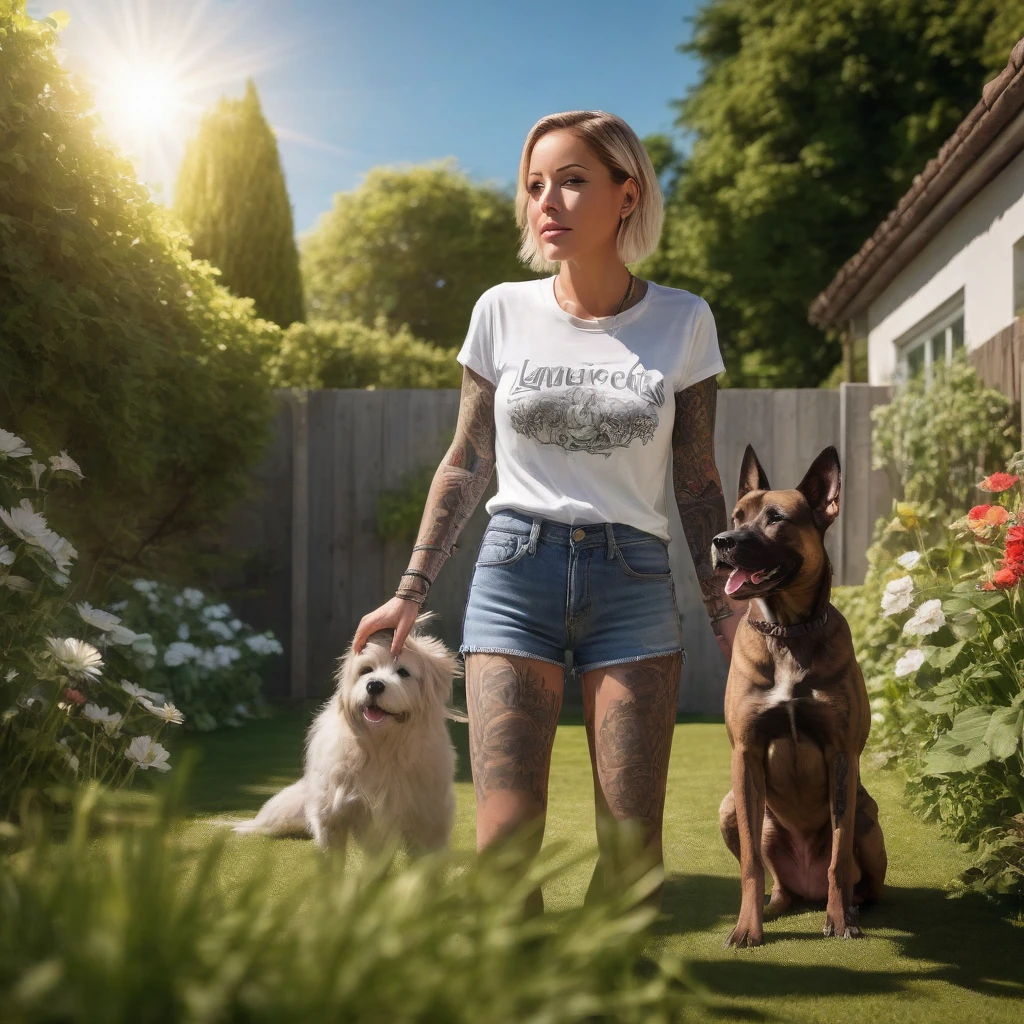 Realistic, 8K, Laurence bedard is in her garden playing with her dog and  wearing - SeaArt AI