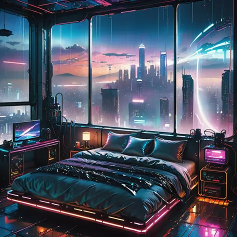 arafed bed in a room with a view of a city at night, cyberpunk bedroom at night, the cyberpunk apartment, dystopian city apartme...