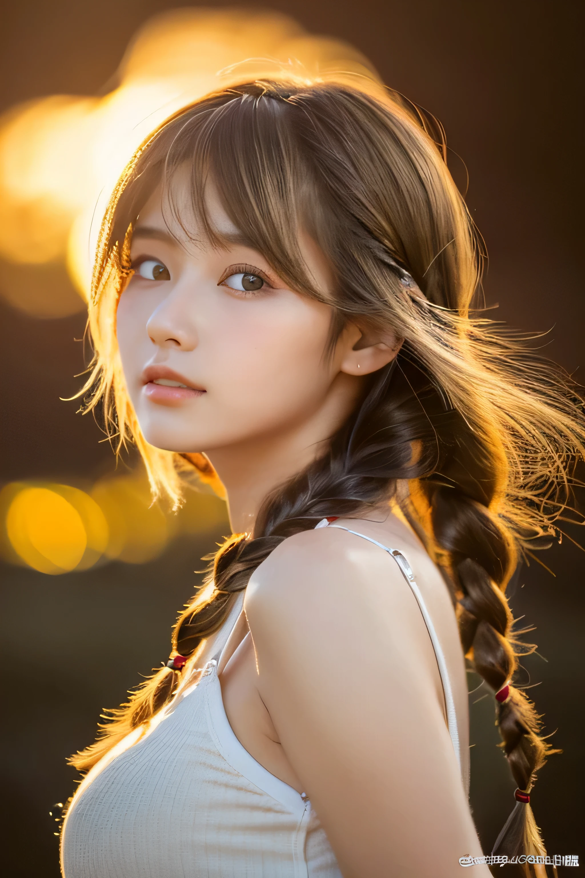 ((hair blowing in the wind、No makeup:1.2))、(realistic、Photoreal、super detailed、best detailed skins、highest quality、masterpiece、超A high resolution)、cute russian woman、14 years、high school girl、young girl、1 girl、have bangs、ash blonde:1.7、double eyelid、drooling eyes、Japanese style face、purity、realistic skin type、fluffy hair、red cheeks、The wind is blowing、night、illumination、lighting from behind、hair blowing in the wind、((firm chest))、((short hair))、((braid hair))、((Tank top))