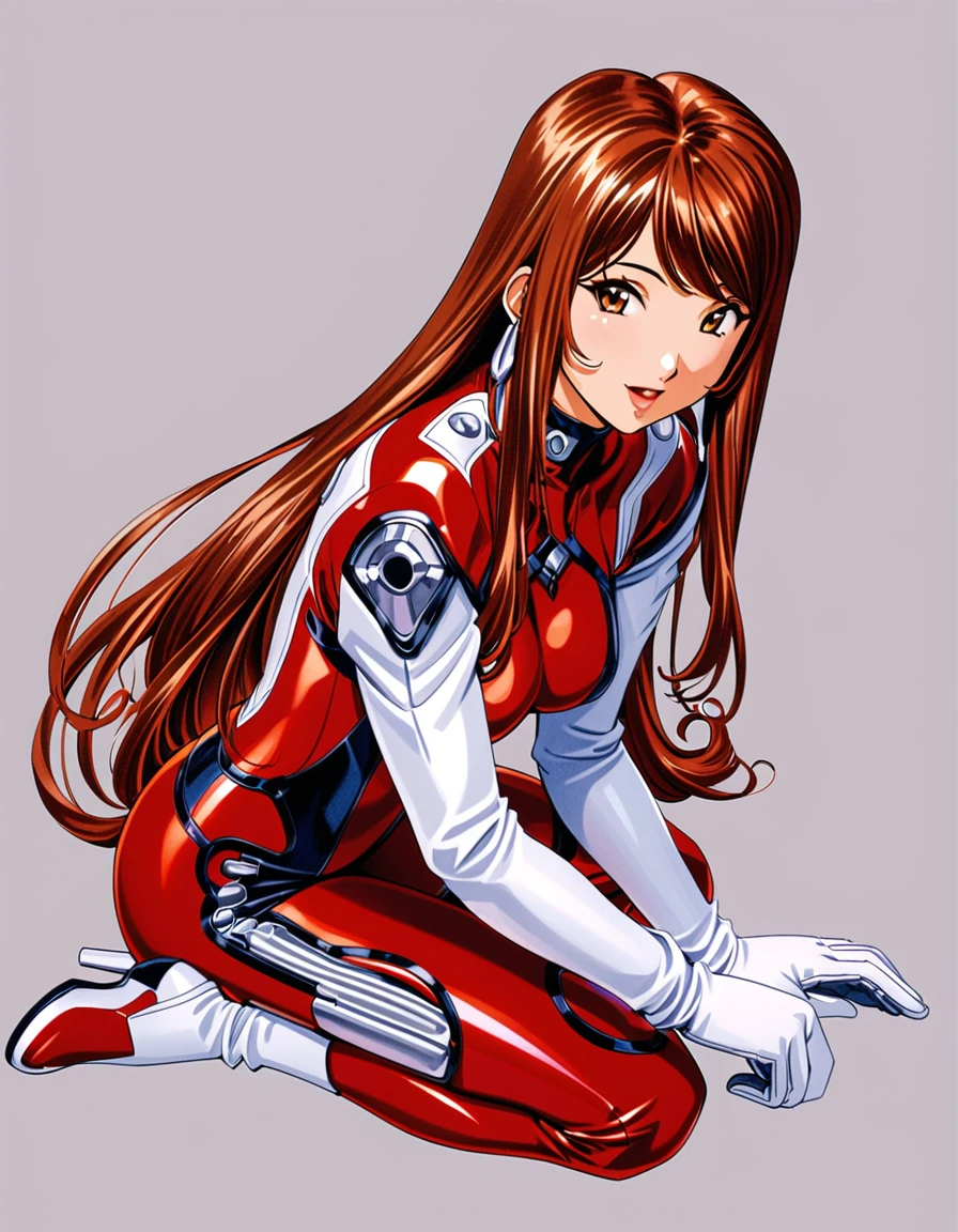 masterpiece, highest quality, divine quality, godlike art, highly detailed face, very realistic, Erica Fontaine, 1 girl, alone, cute, long hair, low-tied long hair, boots, thigh boots, black stockings, gloves, brown hair, feather, brown eyes, smile, red bodysuit, earrings, white shoes, jewelry, open your mouth, high heels, looking at the viewer, white gloves, white stockings, traditional media,