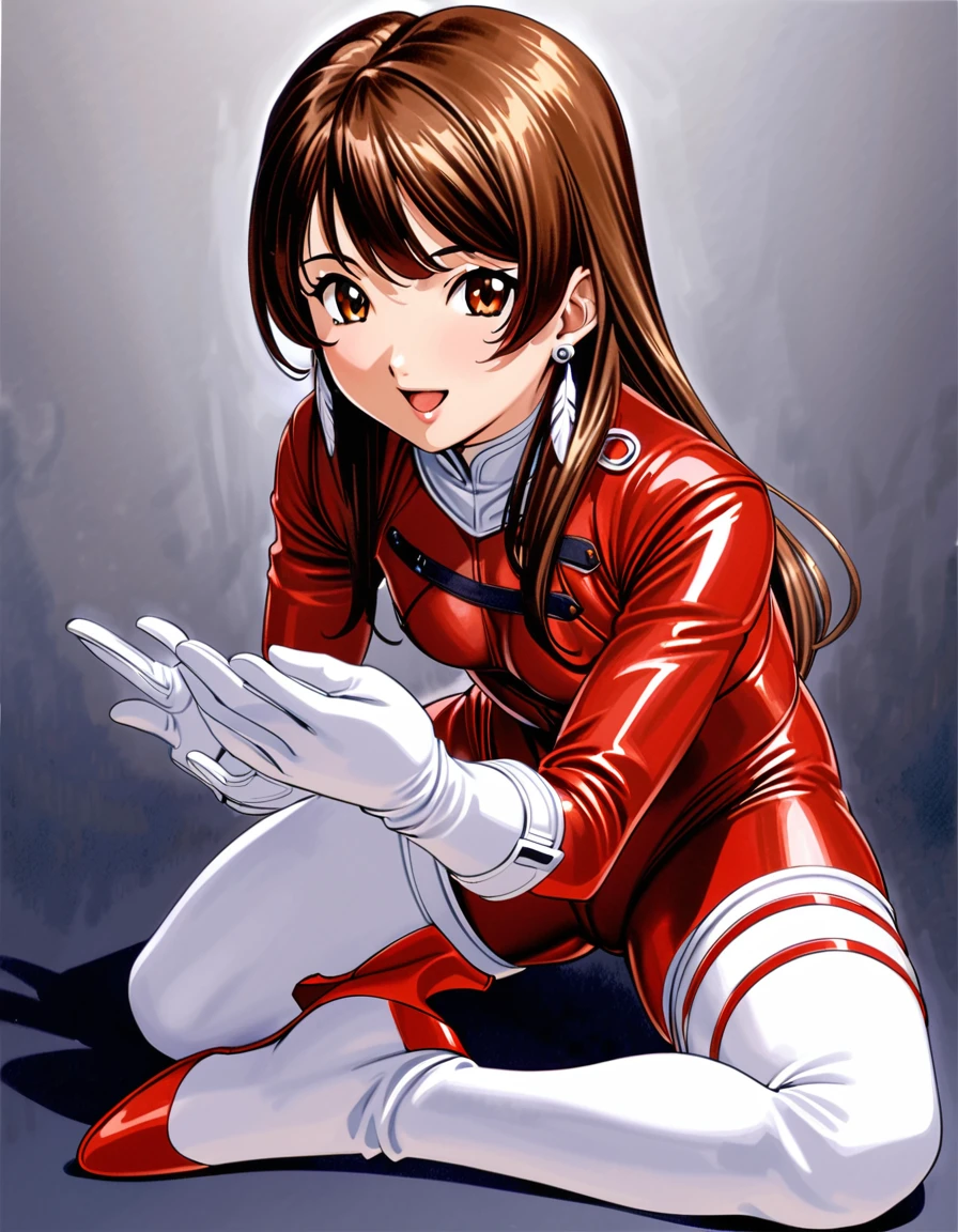 masterpiece, highest quality, divine quality, godlike art, highly detailed face, very realistic, Erica Fontaine, 1 girl, alone, cute, long hair, low-tied long hair, boots, thigh boots, black stockings, gloves, brown hair, feather, brown eyes, smile, red bodysuit, earrings, white shoes, jewelry, open your mouth, high heels, looking at the viewer, white gloves, white stockings, traditional media,