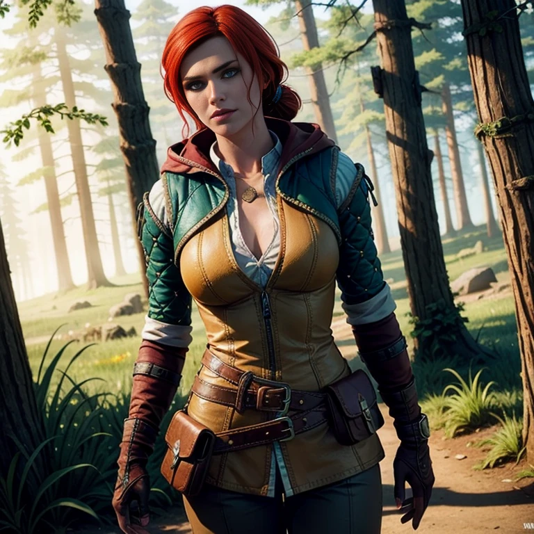 Triss Merigold, in forest, red hair, gloves, white striped shirt, belt, pants, hood, fingerless gloves, pouch, belt pouch, (intricate details), perfect eyes, green eyes, perfect face, perfect lighting, beautiful, (masterpiece:1.2), (best quality:1.2)