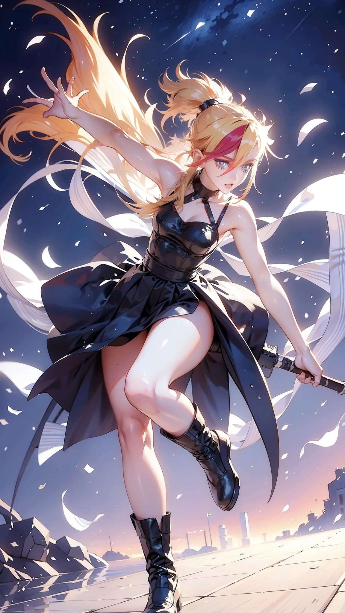 1 girl, ultra long hair, ultra detailed face, glowing lips, glowing blue eyes, very long ponytail, elegant walk, catwalk, holding down a  giant katana, blonde, long eyelashes, long boots , looking to the sky, starry sky, a ultra giant katana 