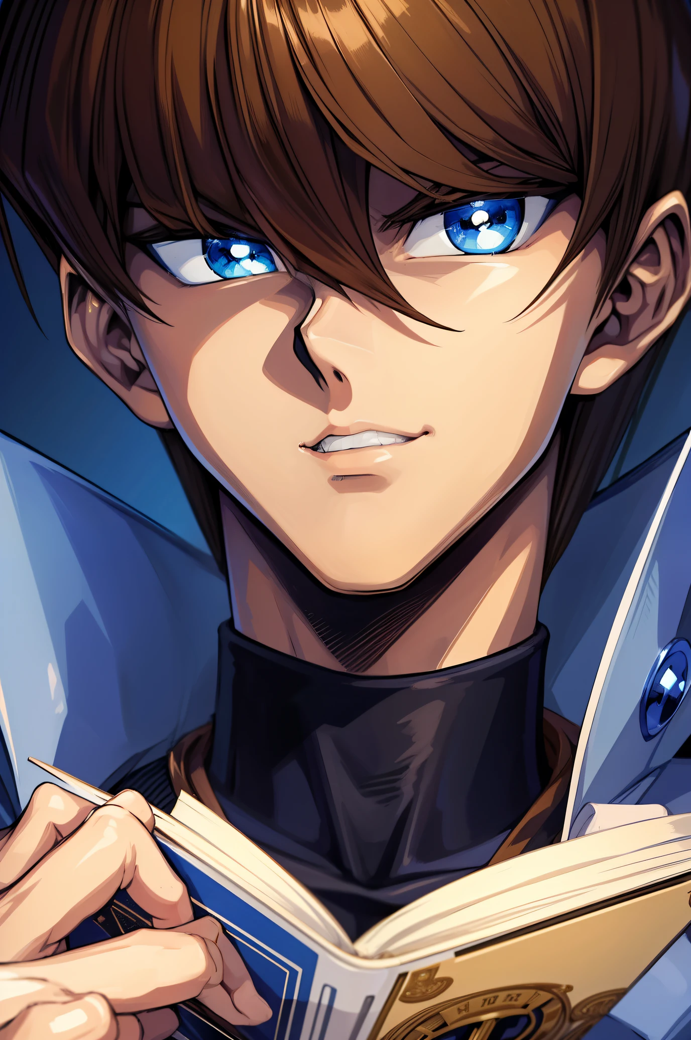 (work of art, best qualityer, ultra detali), 1 young boy, blue colored eyes, chestnut hair, pose sexy, man&#39;s body, Portrait photo, gazing at viewer, serious expression, Seto Kaiba, with a letter in hand, wall-paper, 4K