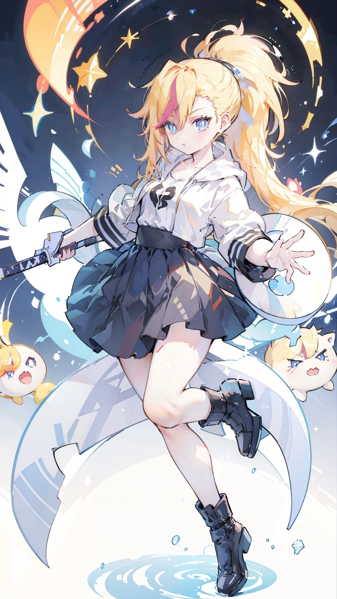 1 girl, ultra long hair, ultra detailed face, glowing lips, glowing blue eyes, very long ponytail, elegant walk, catwalk, holding down a  giant katana, blonde, long eyelashes, long boots , looking to the sky, starry sky, a ultra giant katana 