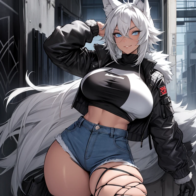 Single boy, Anime tomboy, Short, Long white hair, wolf ears, wolf tail, blue eyes, wearing short denim hotpants, thigh high fishnets, black combat boots, wearing fur lined open jacket, wearing cropped t-shirt, solo tomboy, only one female ((big breasts)) solo, alone, (SOLO)(ALONE) thicc thighs, wide hips, blue eyes, perfect eyes, perfect face, pouty lips, happy, thong