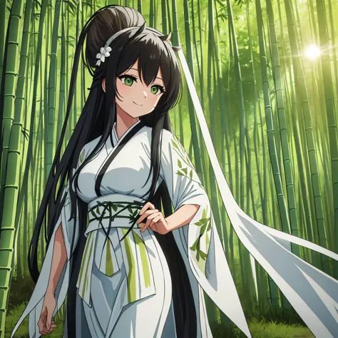 a woman wearing a white kimono with patterned green bamboo designs, long black hair, moss green eyes, white flower on her head, ...