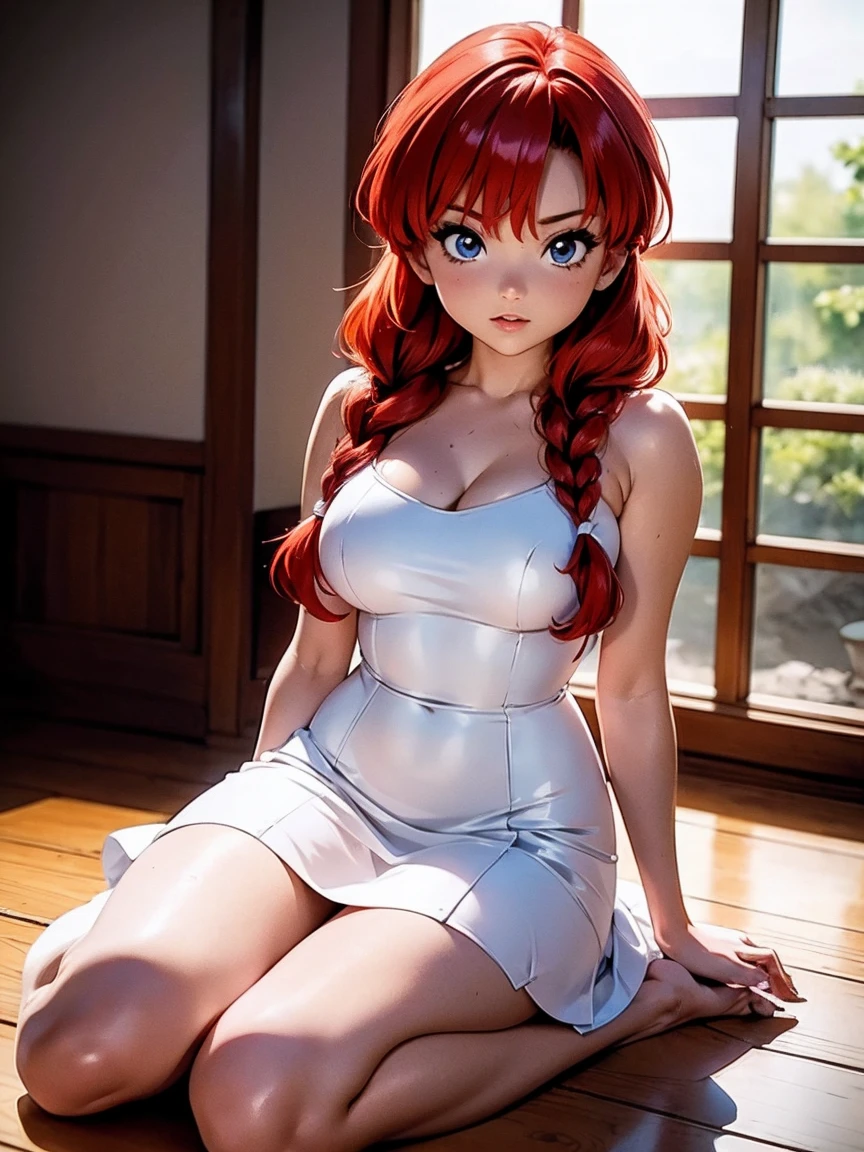 Chica anime pelirroja con vestido de novia blanco, 16 años, cuerpo bonito, senos grandes, con las manos detrás de la cabeza, pasando tus manos por tu cabello, chica sexy, red pelo con trenza, hermosa iluminación, sombras suaves, ojos azules, bonitas piernas, pelo con trenza, estilo anime, Ranma Chan, Autora Rumiko Takahashi, Basado en obra de Rumiko Takahashi, Anime Ranma 1/ 2, decoración sexy, cadera robusta, cuerpo entero, cuerpo completo, busto grande, chica joven con cuerpo hermoso y hermoso, sandalias en los pies, garota 16 años jovem baixa estatura, hermoso vestido de novia blanco, chica anime, estilo anime