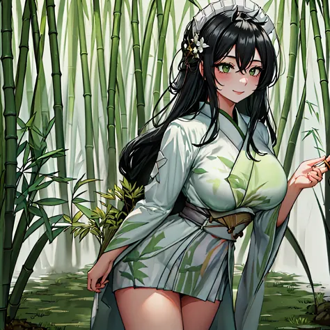 a woman wearing a white kimono with patterned green bamboo designs, long black hair, moss green eyes, white flower on her head, ...