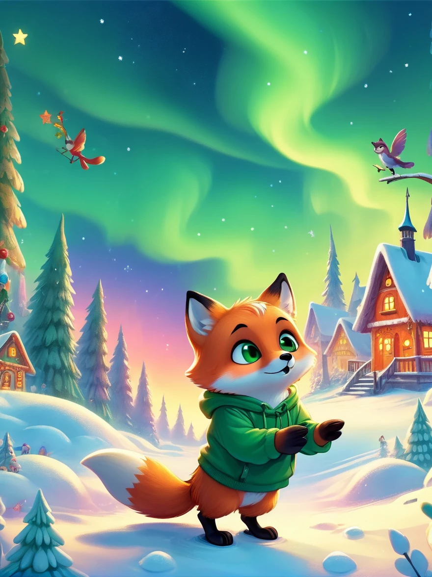 Cute little fox，Green eyes and a green hoodie，Orange claws，Winter Landscape，ski，The fox looks at the red sky，Christmas Village，Northern Lights，meteor，Warmth，bright colors，Great picture