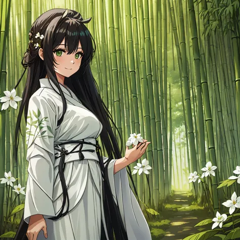 a woman wearing a white kimono with patterned green bamboo designs, long black hair, moss green eyes, white flower on her head, ...